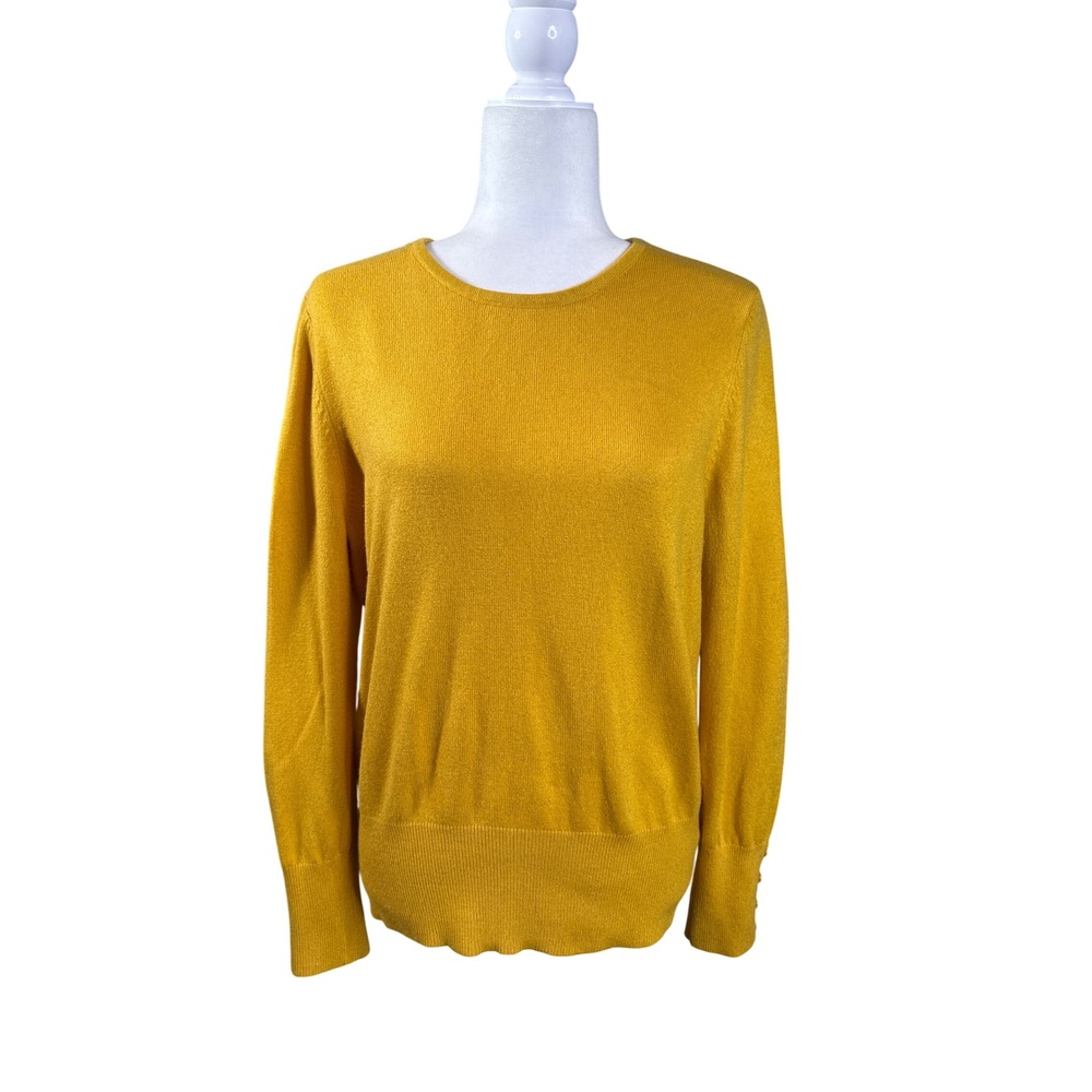 JM COLLECTION Petite Mustard Yellow Crewneck Sweater Button Cuff Women's L - Picture 2 of 9